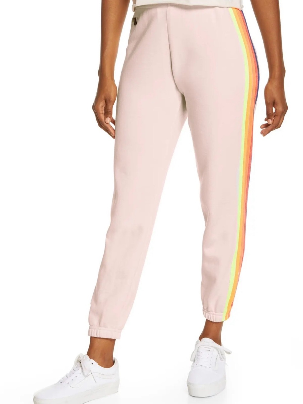 Aviator Nation 5 stripe sweatpants in almond / neon rainbow blue